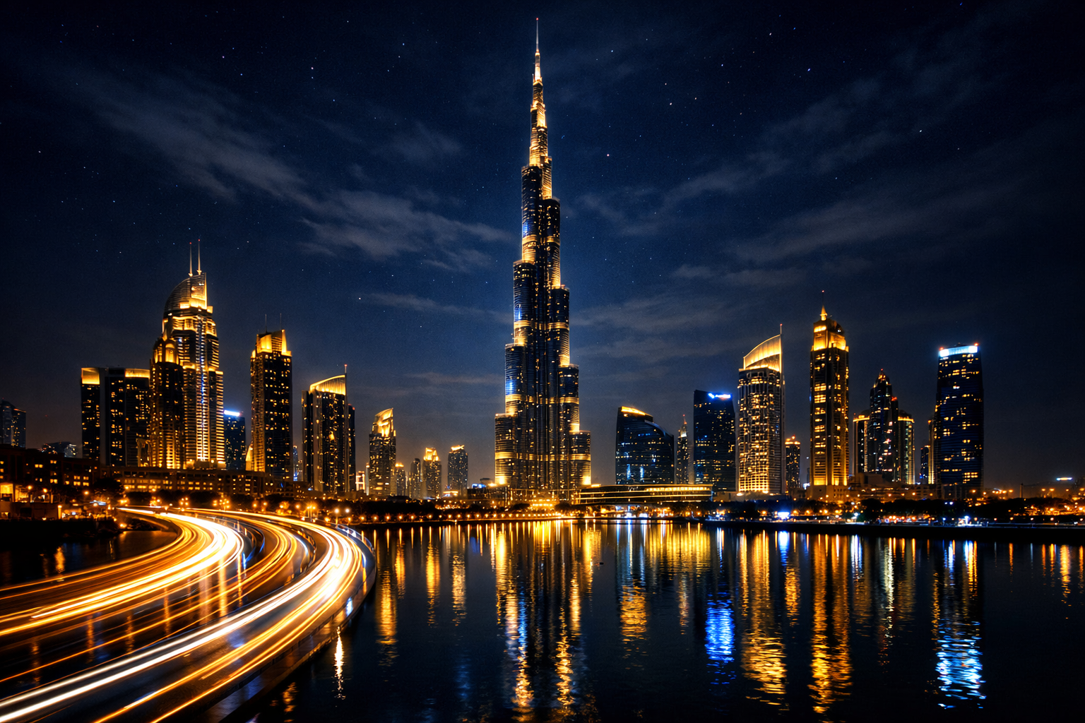 Dubai à noite com luzes e skyline iluminado